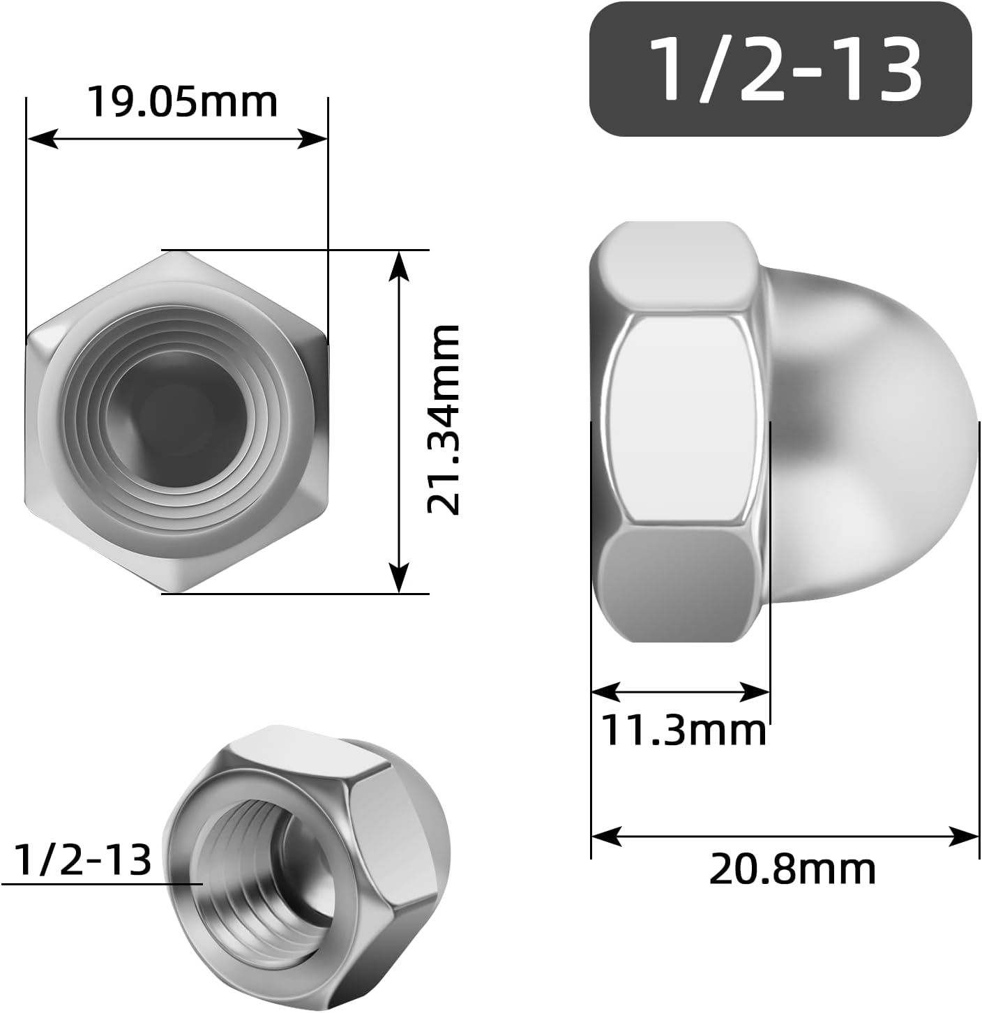 Tuercas hexagonales acero inox 304 brillante 1/2-13 pack 10