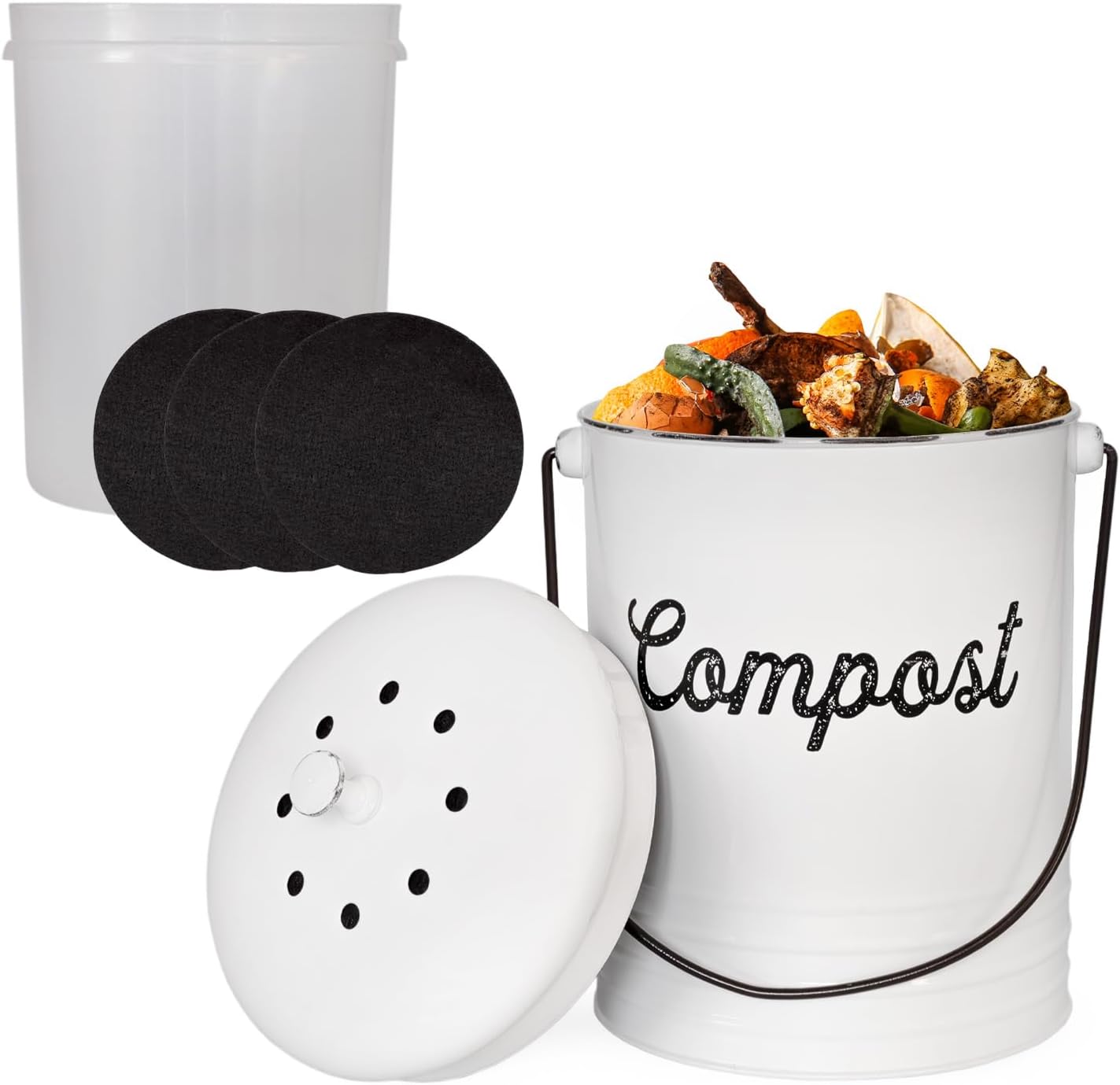 Cubo compostaje esmaltado blanco 1.3gal con tapa y filtros