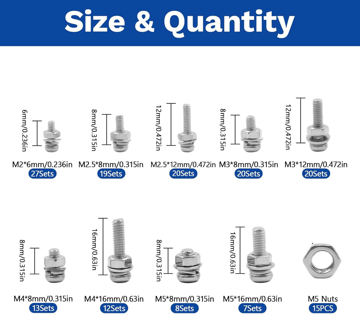 Kit 584 piezas métricas acero inox M2-M5 para reparaciones