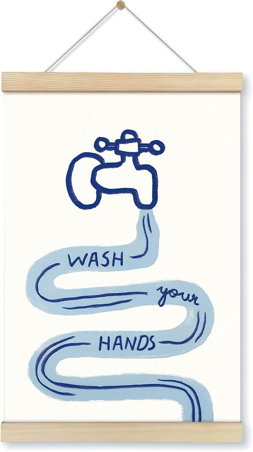 Arte pared baño infantil con texto wash you hands azul