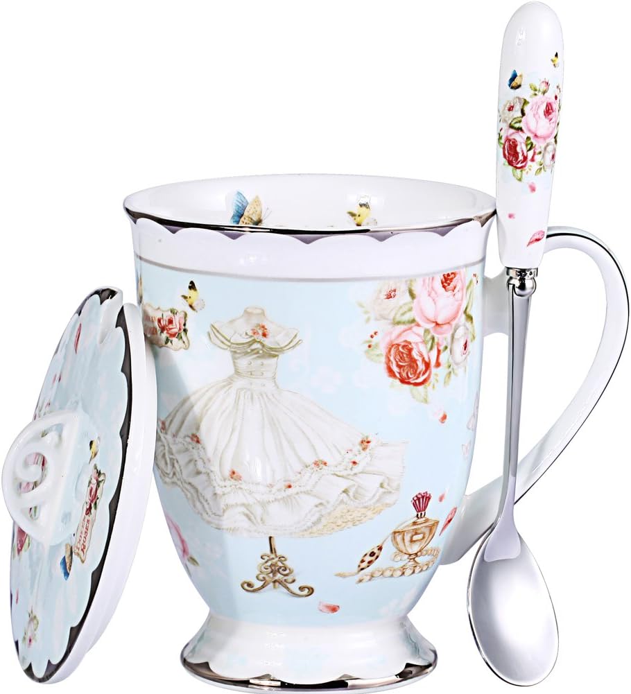 Taza café y té con tapa y cuchara 11.2oz azul claro