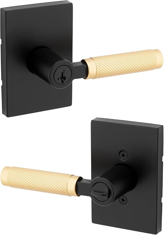 Manija puerta con cerradura segura negro mate y latón