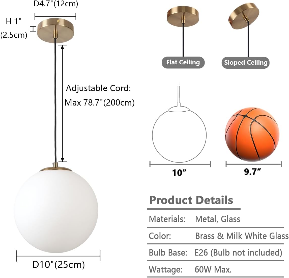 Lámpara colgante globo moderna de latón pantalla opal blanco