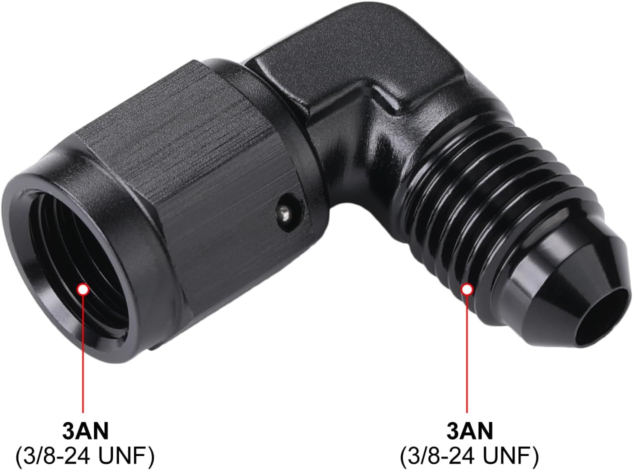Adaptador 3AN hembra a macho codo 90 grados aluminio negro
