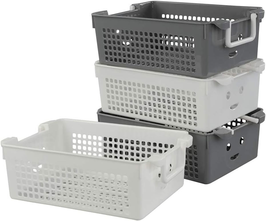 Cestas plástico apilables con asas set 4 blanco gris