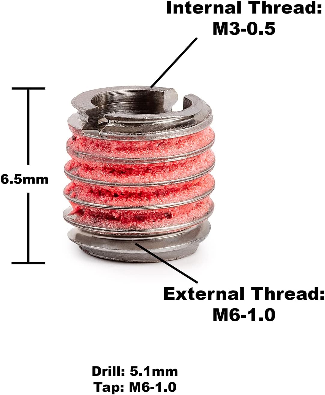 Inserto roscado acero inox M3-0.5xM6x1.0 0.255pulg comp 5