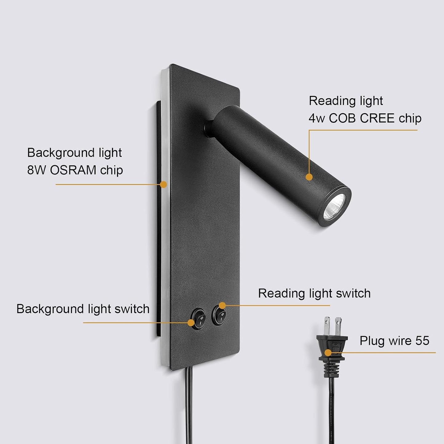 Aplique LED luz dormitorio 2en1 enchufable 4W8W arena