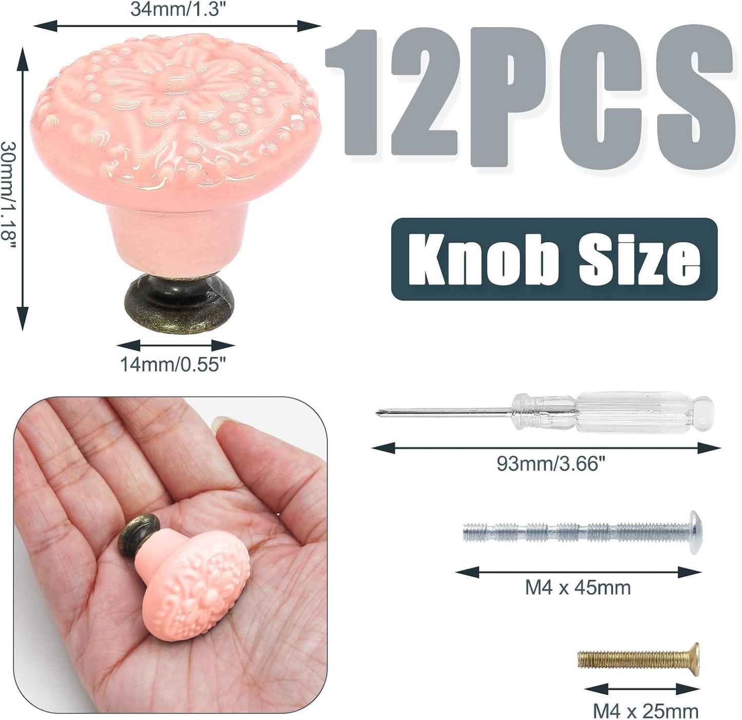 12 Pzas Pomos Cerámica Rosa Retro para Armarios