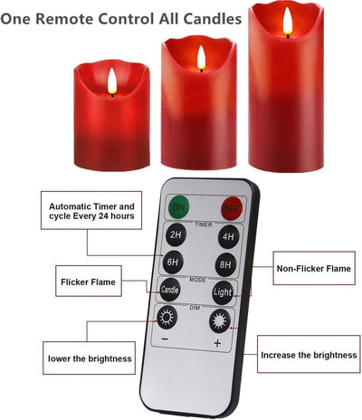 3 Pzas Velas LED Rojas Sin Llama Con Control Remoto