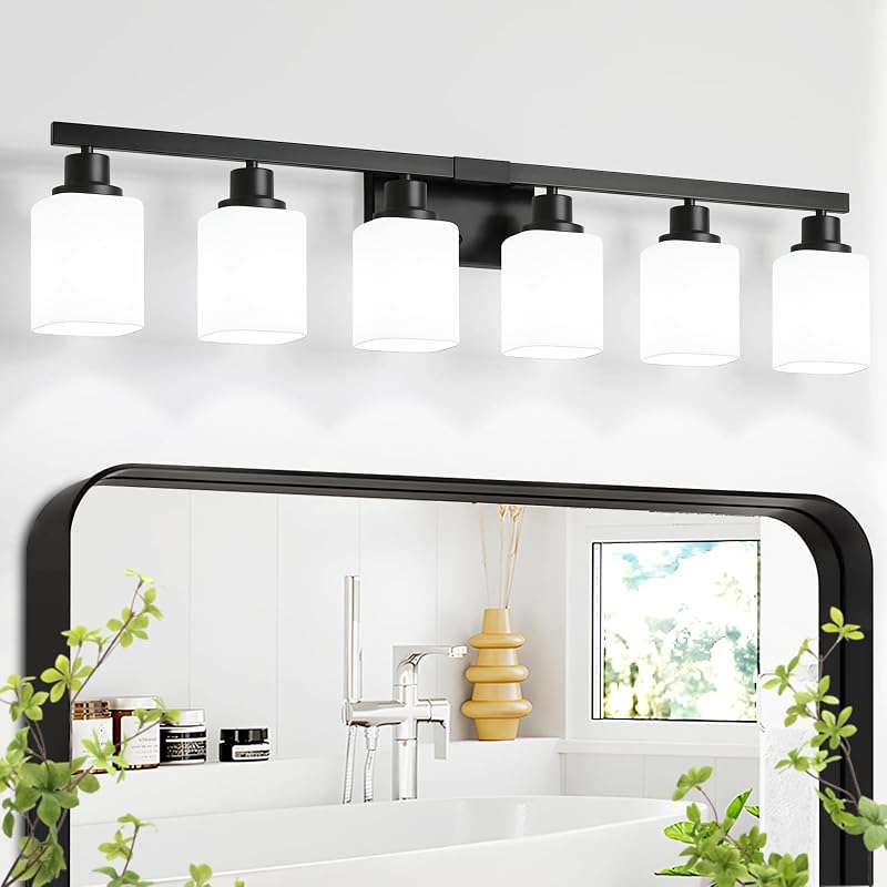 Lámpara baño 6 luces negra mate vidrio esmerilado cuadrado