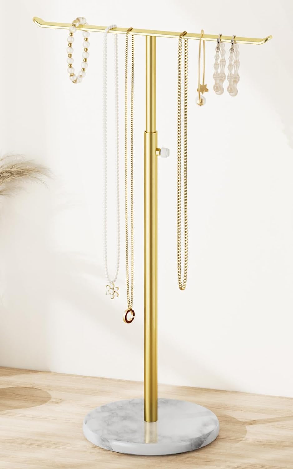 Soporte joyas dorado con barra T ajustable y base mármol