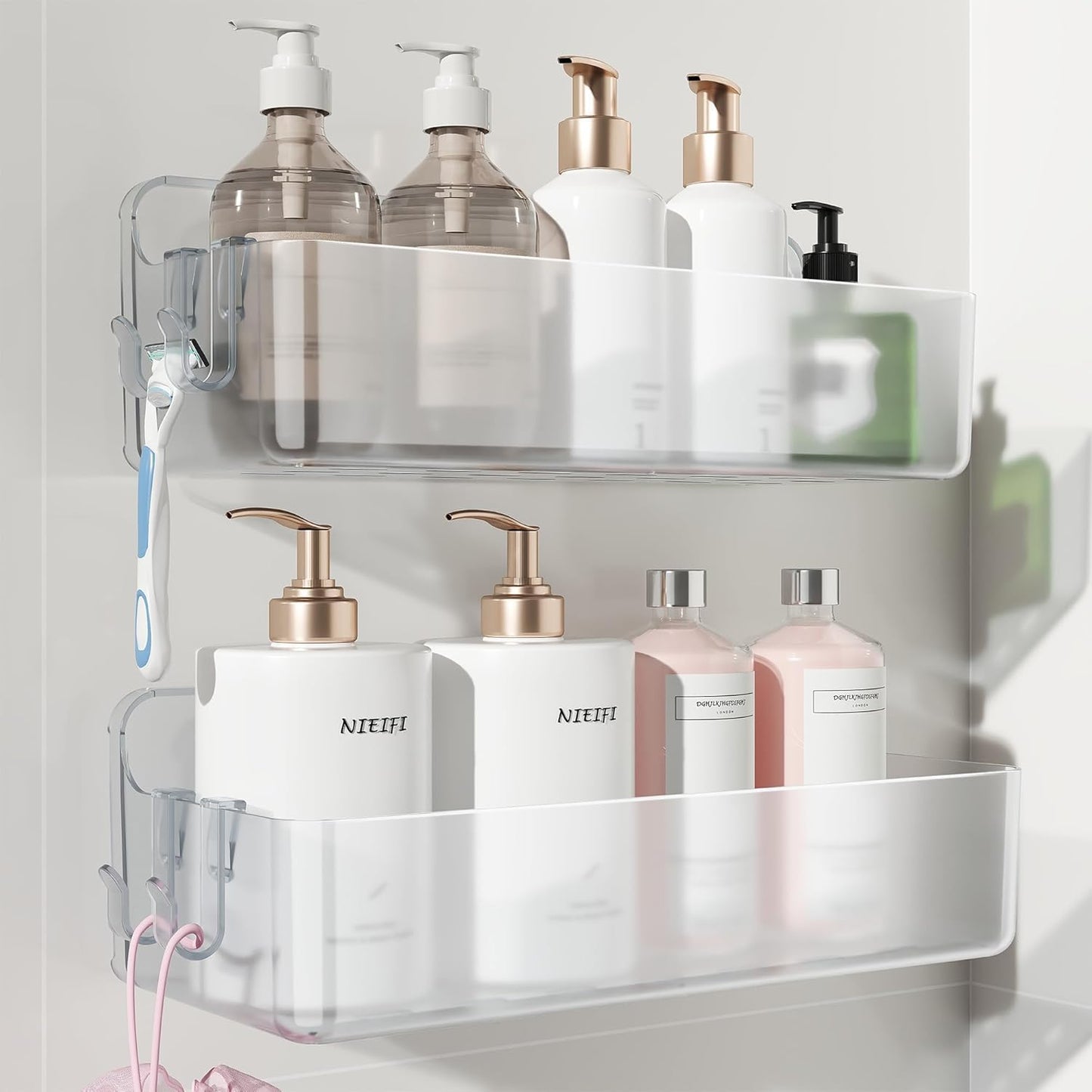 Estante adhesivo ducha organiz. baño 2 pzas transparente