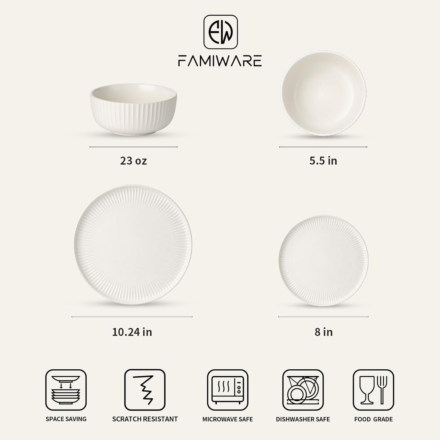 Set 24 Pzas Vajilla Gres Textura Acanalada Blanco