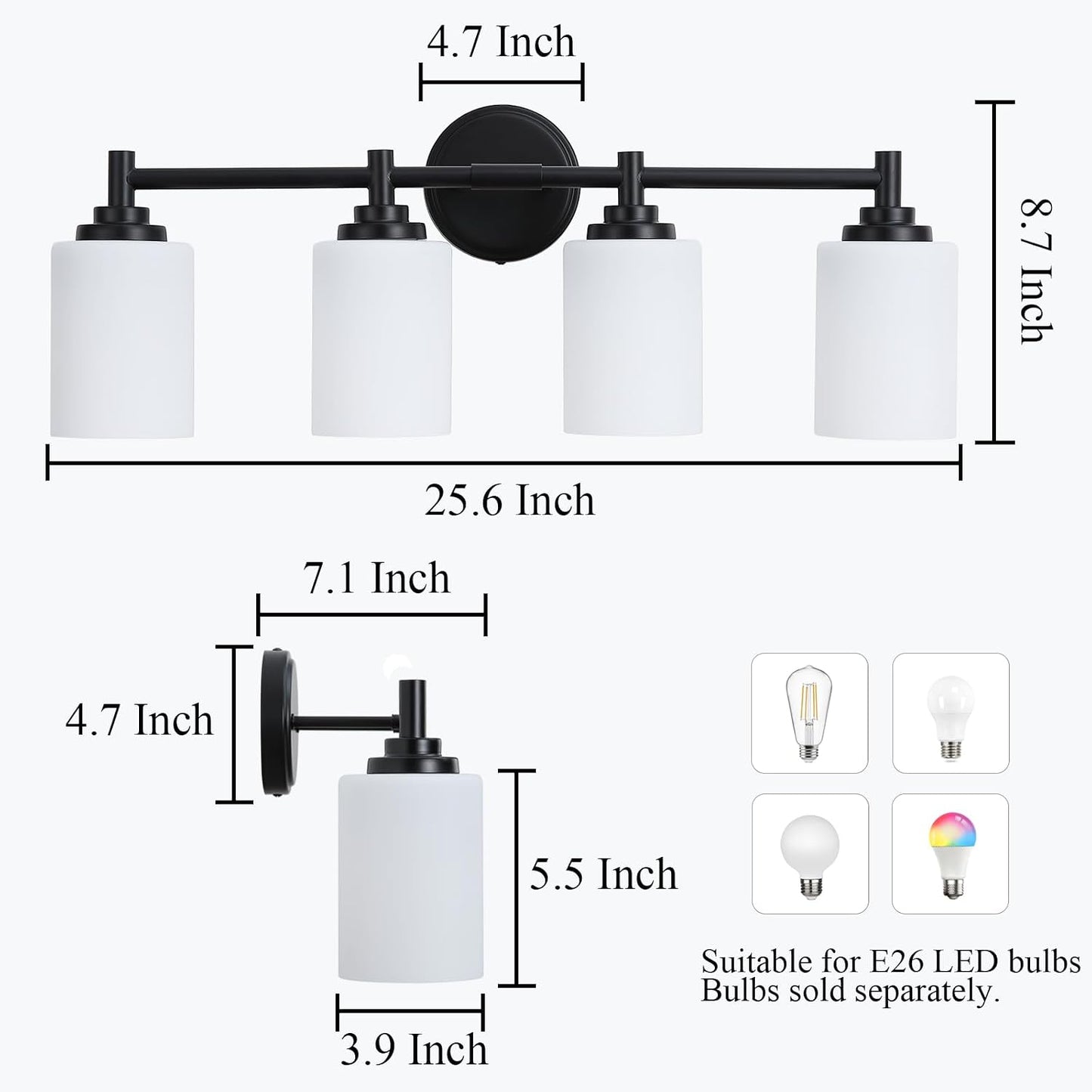 Lámpara baño 4 luces luz negra sobre espejo vidrio blanco crema