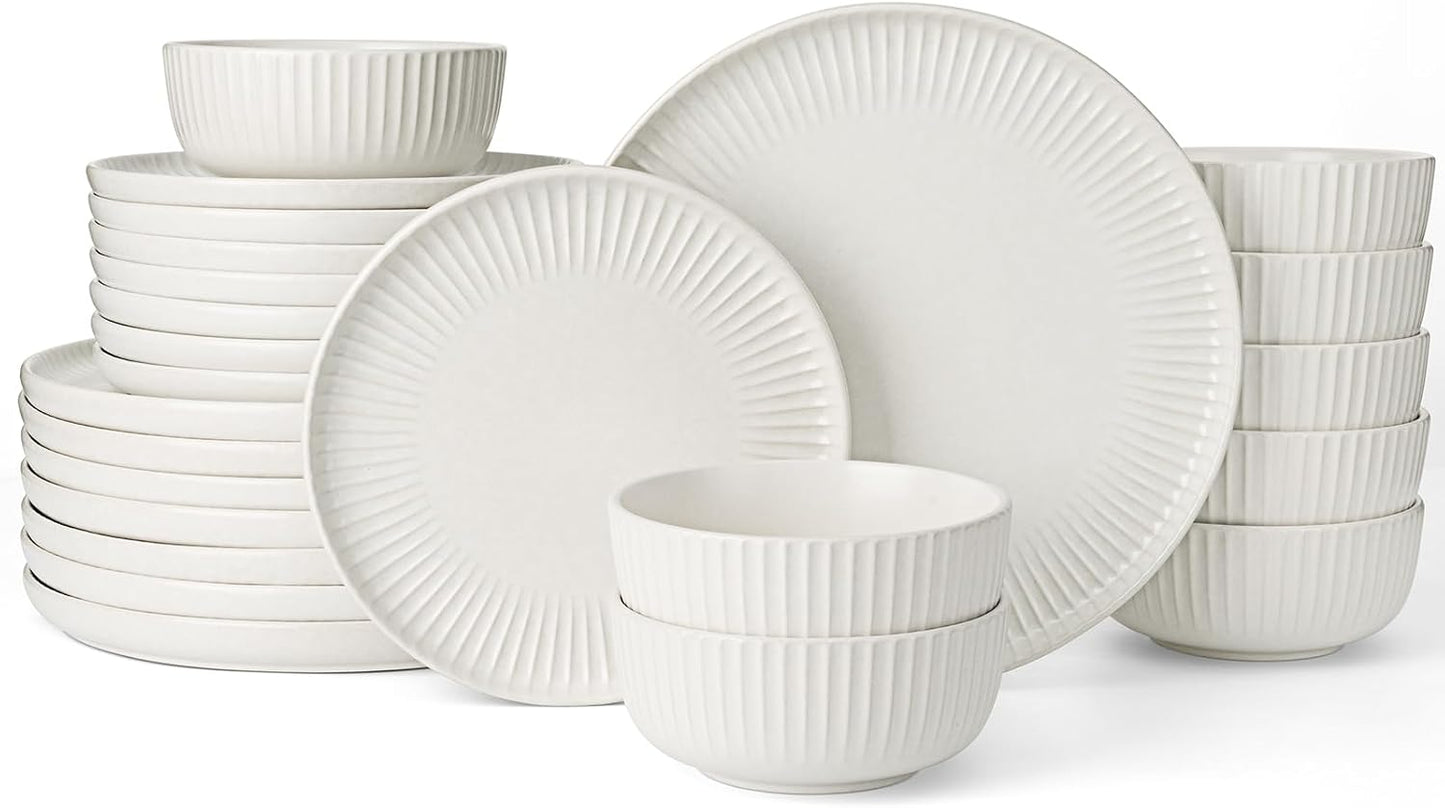 Set 24 Pzas Vajilla Gres Textura Acanalada Blanco