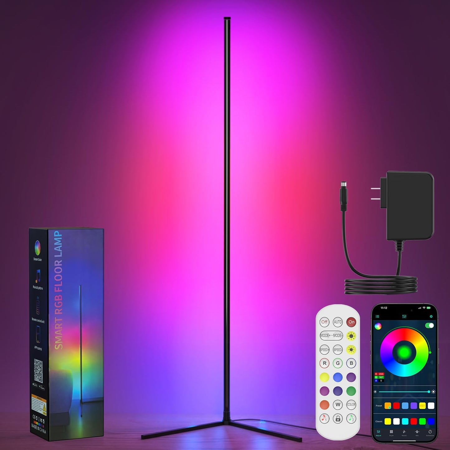Lámpara pie LED RGB 64.5pulg control remoto 16M colores