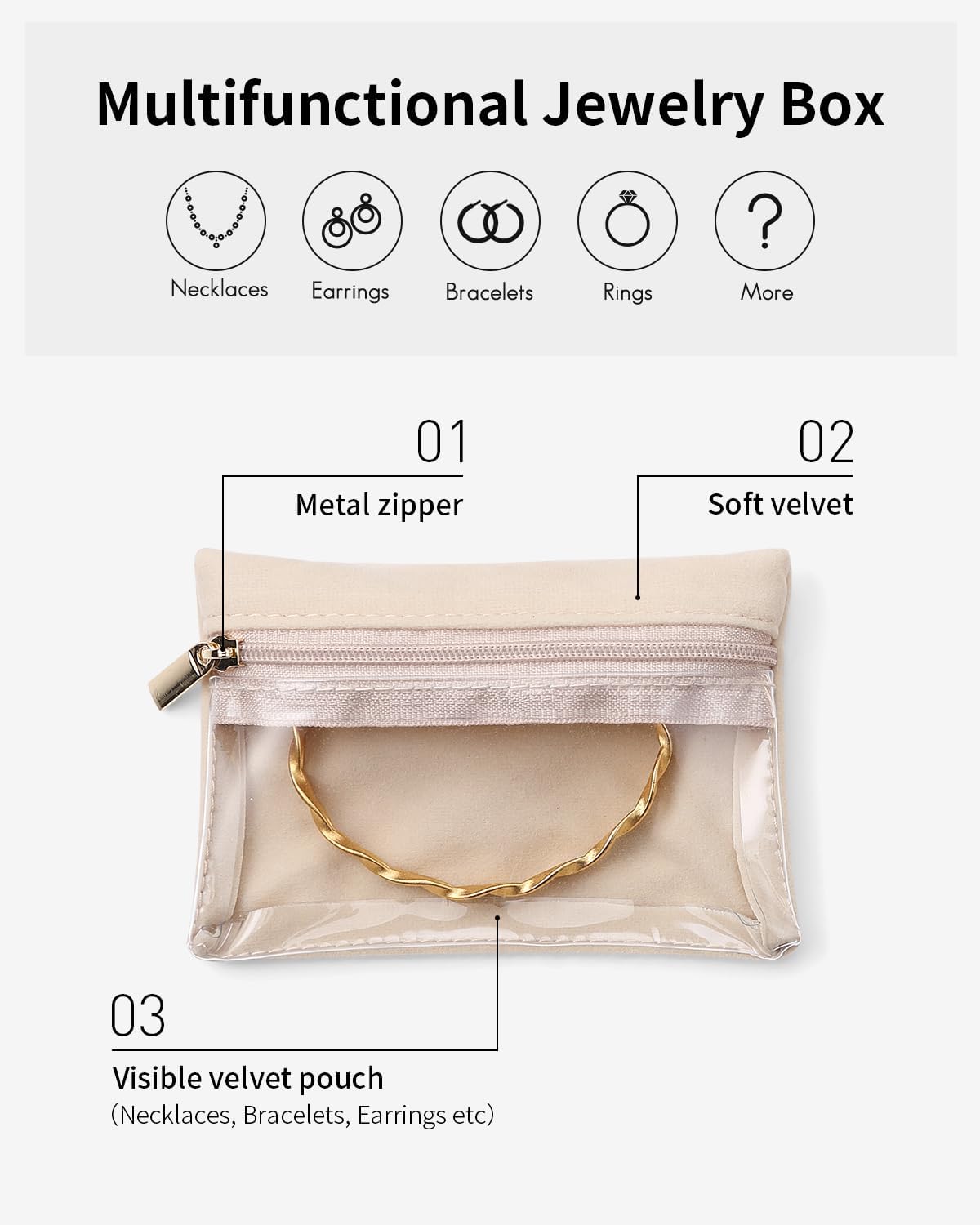 Bolsa terciopelo joyas con cremallera transparente viaje