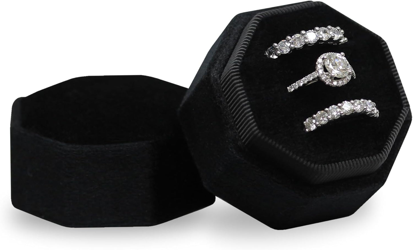 Caja terciopelo octágono 3 ranuras para anillos boda negro