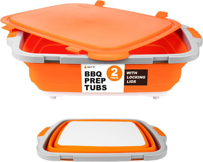 2 Tinas Plegables Barbacoa con Tabla Cortar Tapa Naranja