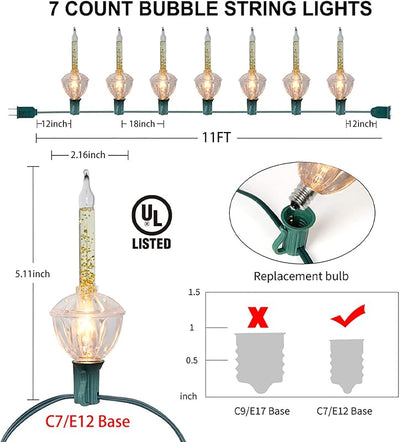 2 Set luces doradas burbujas Navidad 11" 7 bombillas cert UL