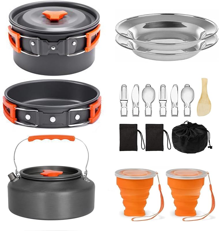 Set cocina camping acero inox 2 platos 2 tazas 2 cuchillos