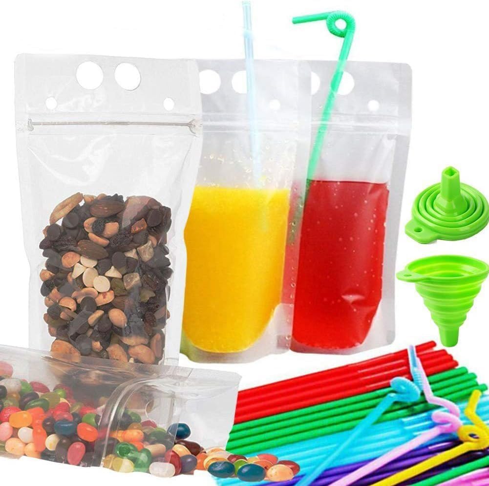 100 Bolsas Bebidas con Pajita Reutilizables Cierre Cremallera