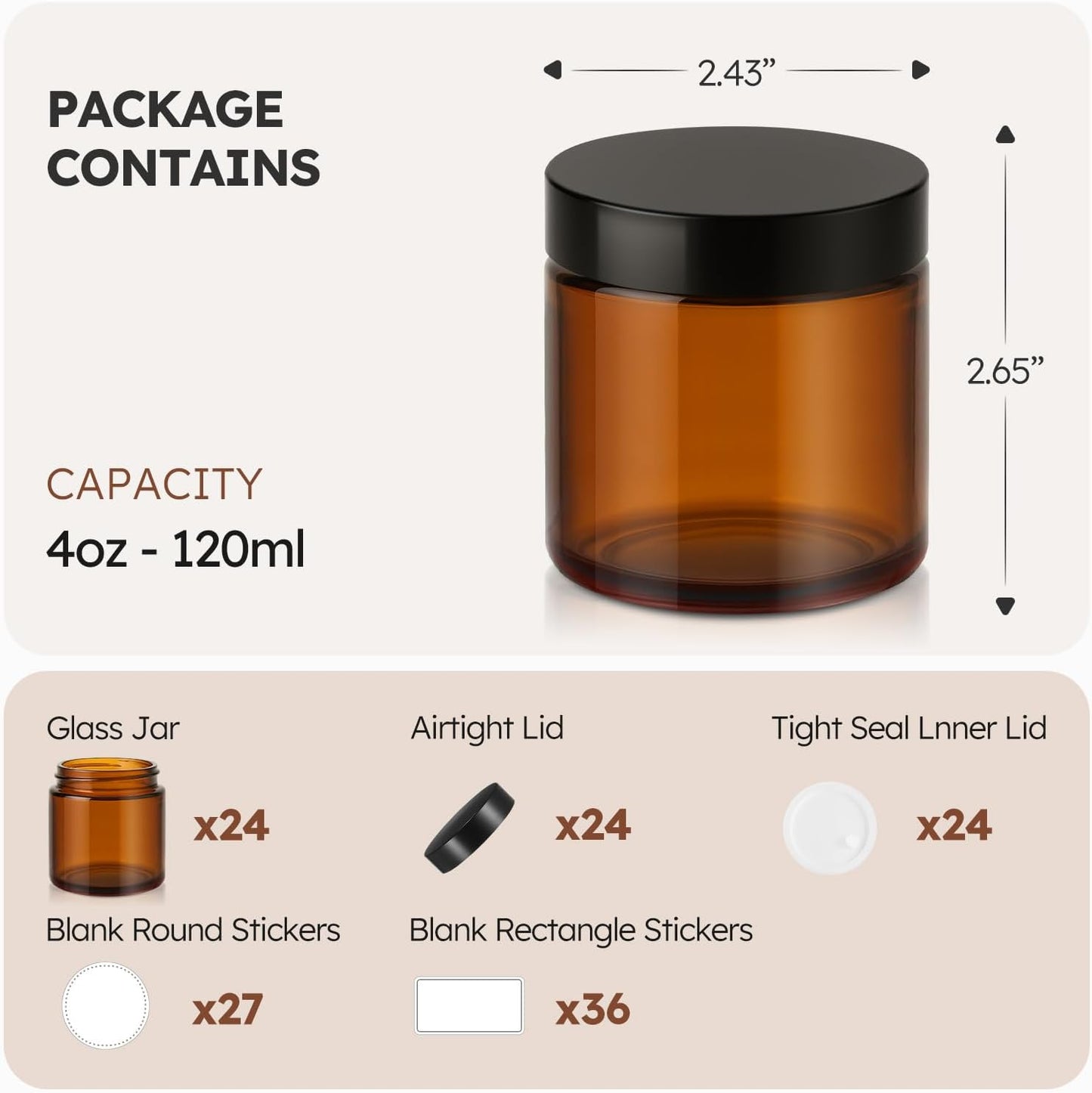 24 Tarros Vidrio 4oz Con Tapas Negras Herméticos Cosméticos