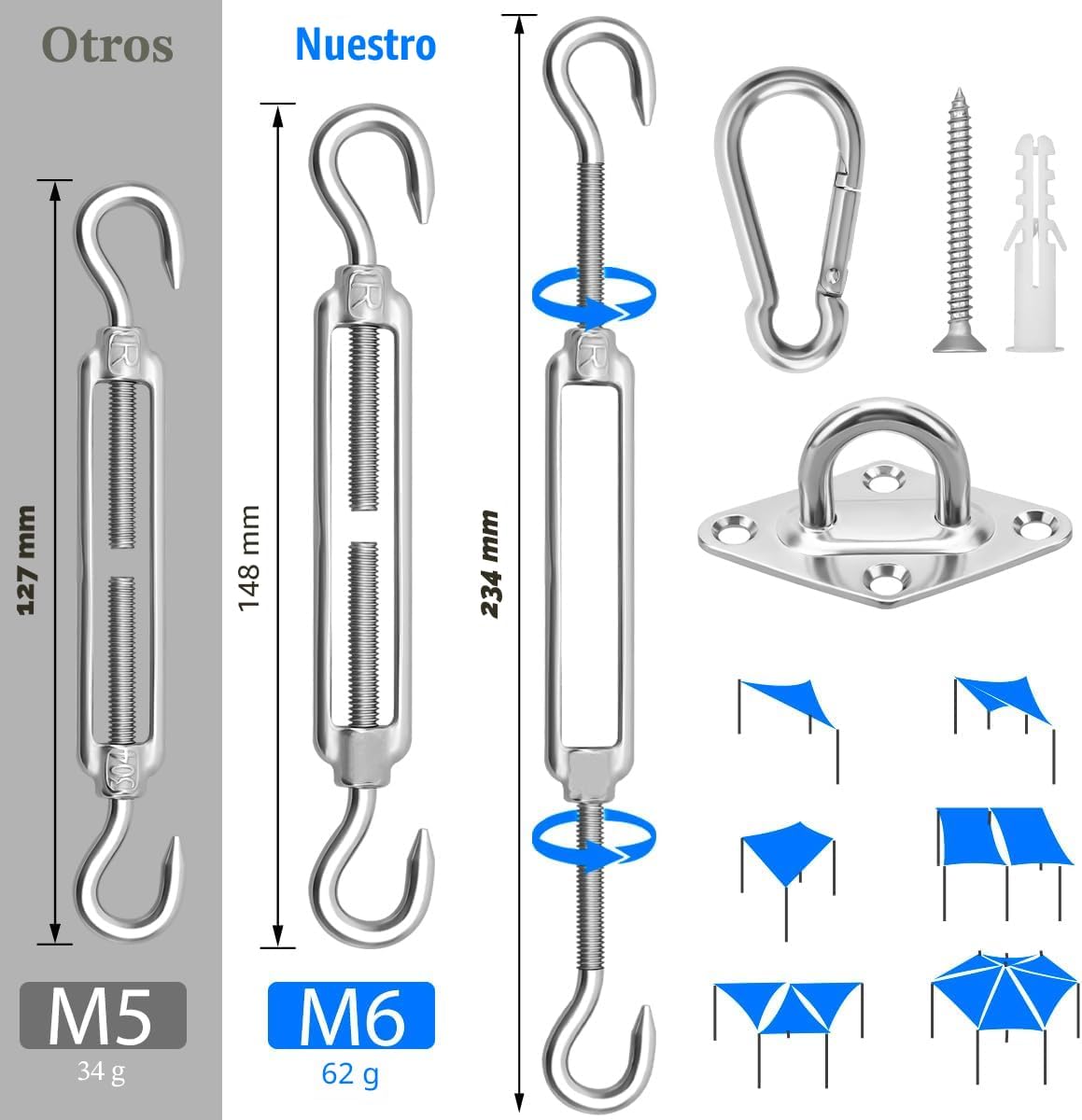 Kit accesorios velas sombra 6" acero inox para toldo patio