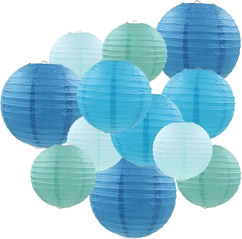 12 Faroles Papel Azules 6-12pulg Redondos Decoración