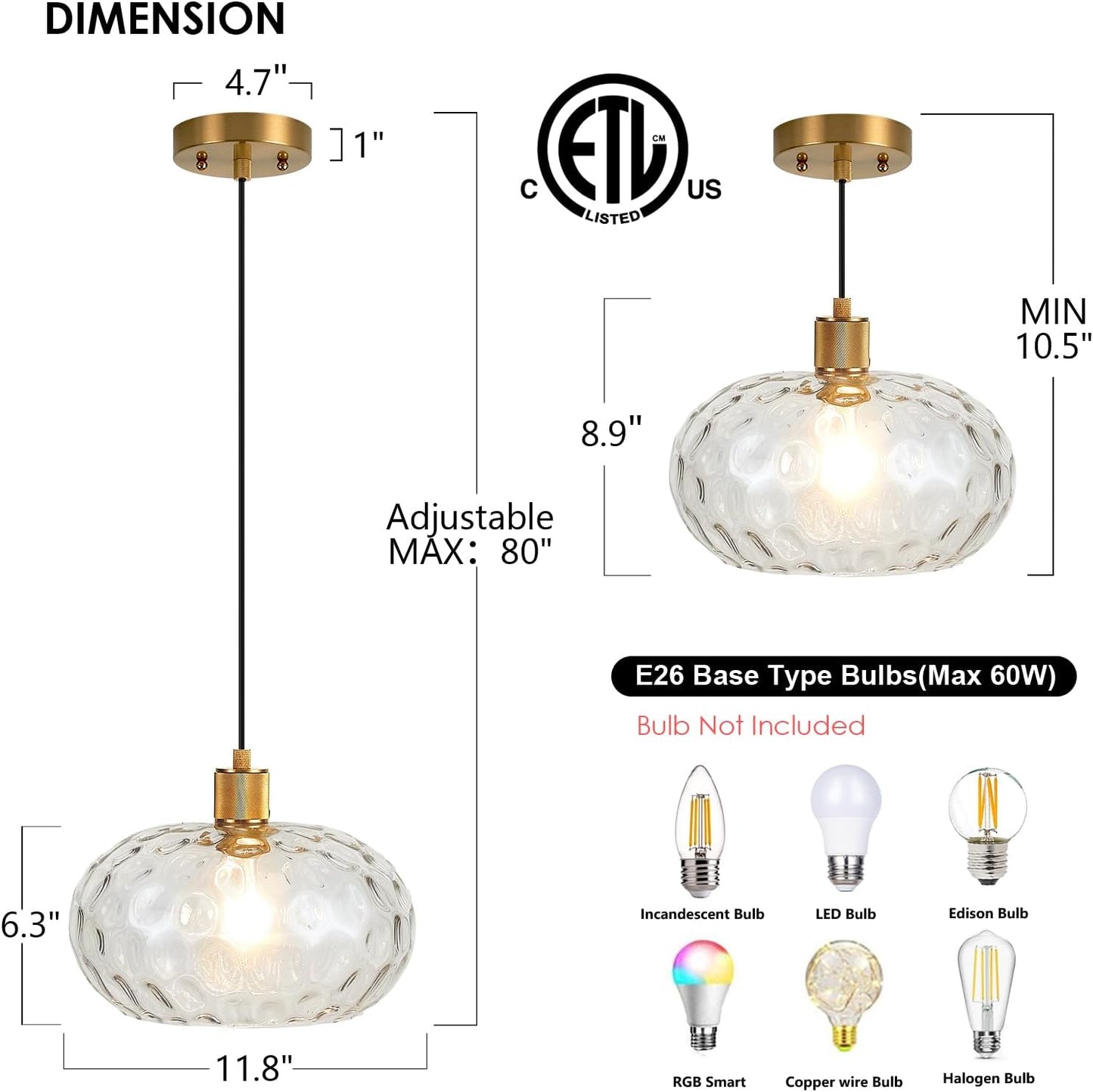 Lámpara colgante cristal 12pulg ajustable para cocina