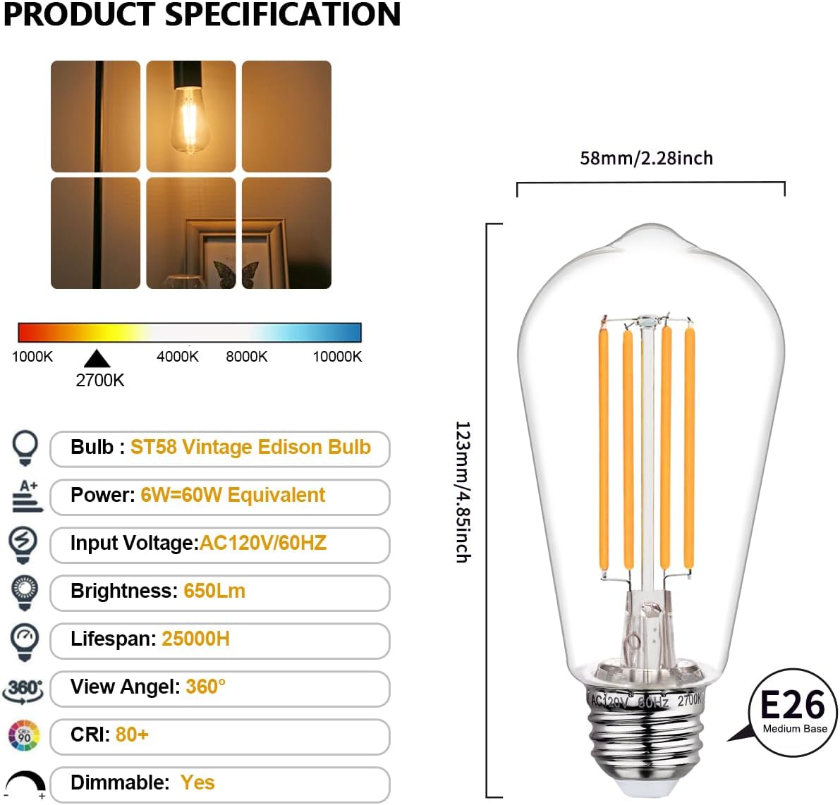 Bombilla LED Edison vintage 2700K 6W E26 12 Pzas