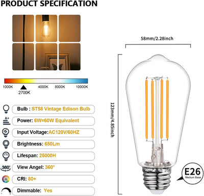 Bombilla LED Edison vintage 2700K 6W E26 12 Pzas