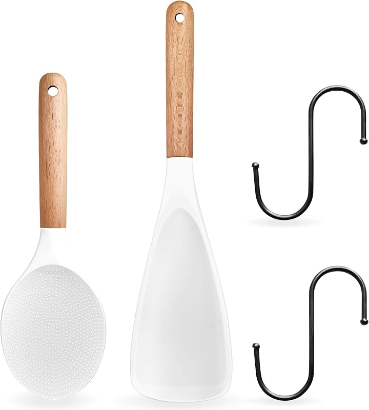 Cuchara arroz antiadherente mango madera silicona blanca
