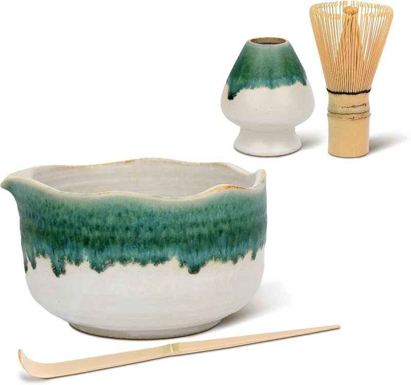 Juego té matcha cerámica artesanal con boquilla y soporte 4 pzas