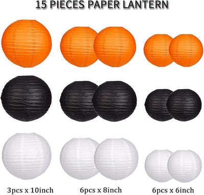 15 Pzas Faroles Papel Decorativos Fiesta Negro/Naranja/Blanco