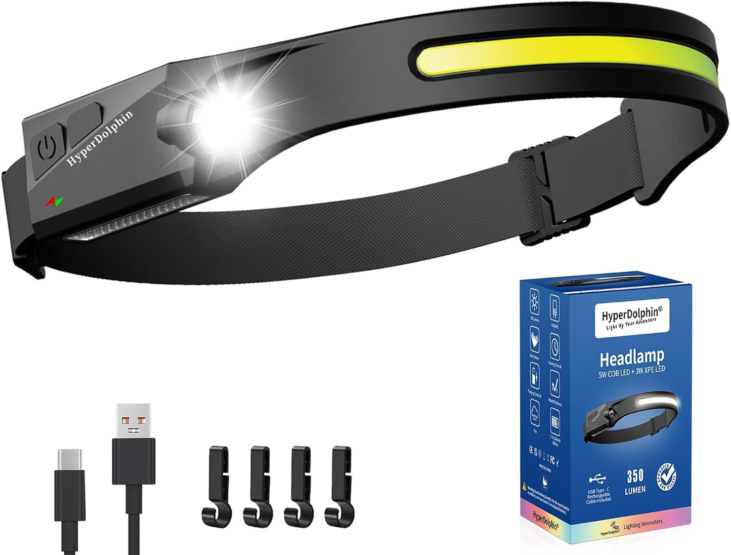 Linterna frontal LED recargable USB-C 230° resistente agua