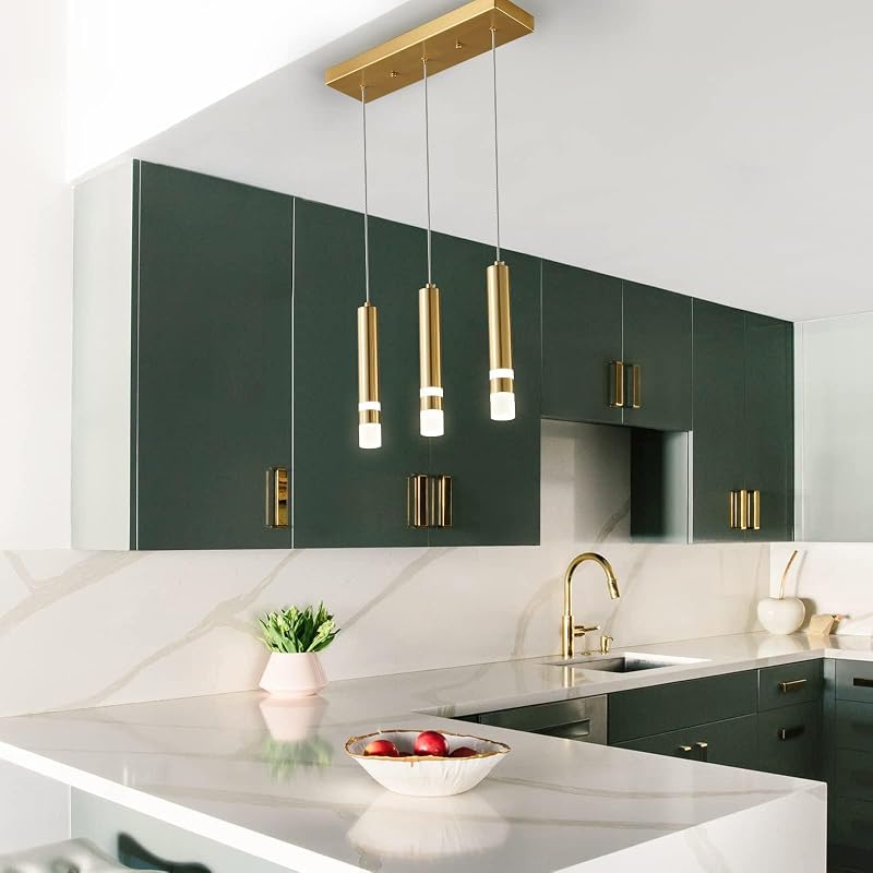 Lámpara colgante 3 luces LED dorado para comedor y cocina