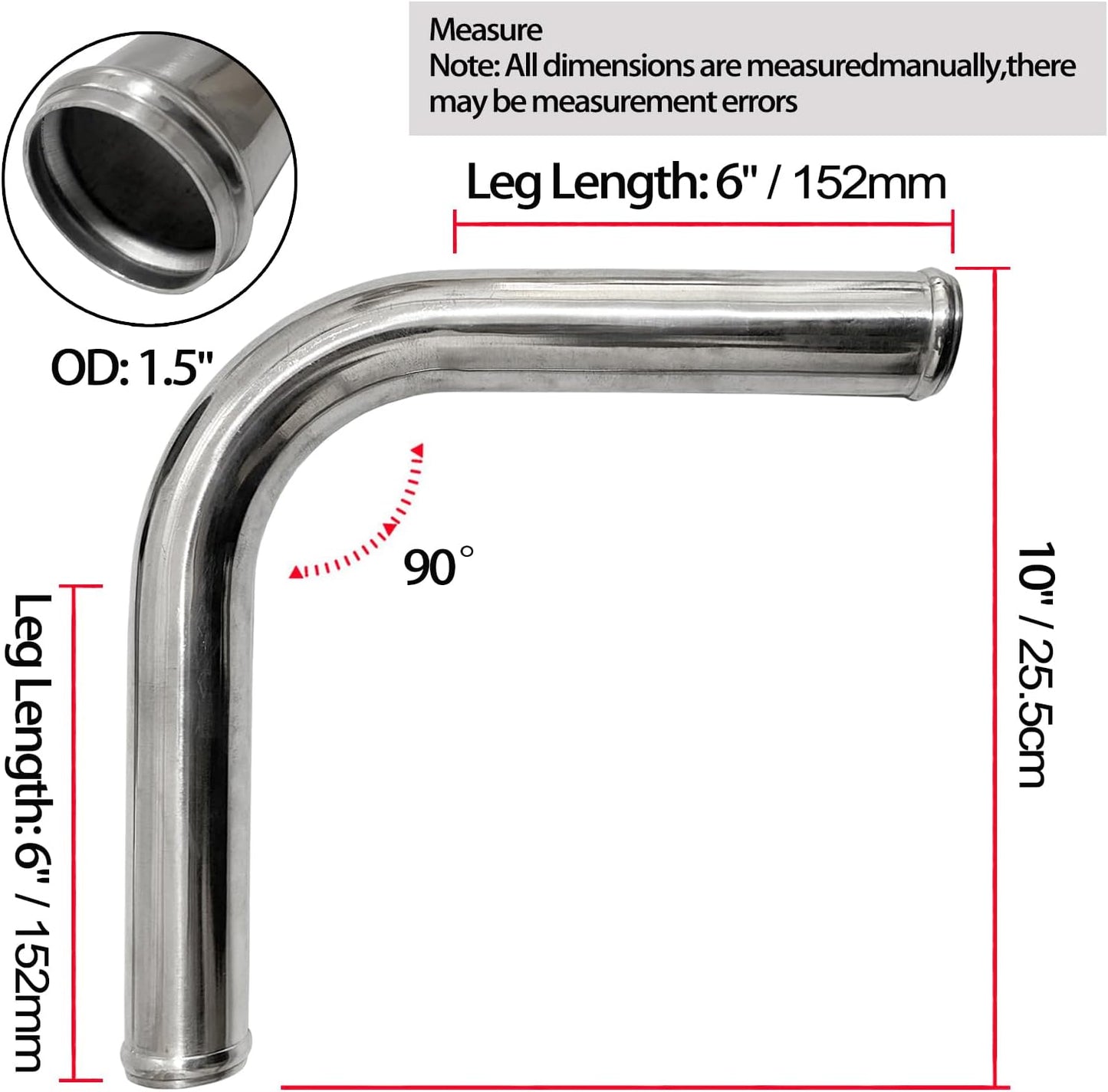 Tubo codo aluminio 90 grados 1.5" para intercooler