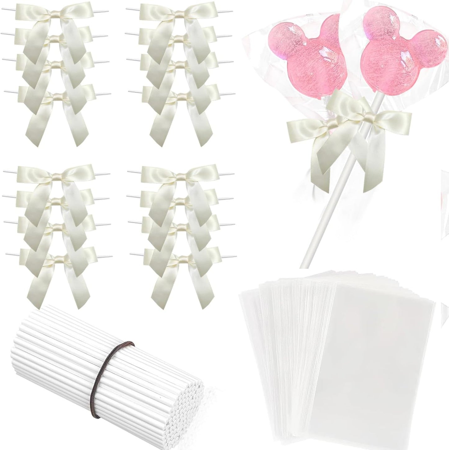 Juego de 100 palitos para tartas y bolsas de golosinas con envoltorios y corbatines blancos