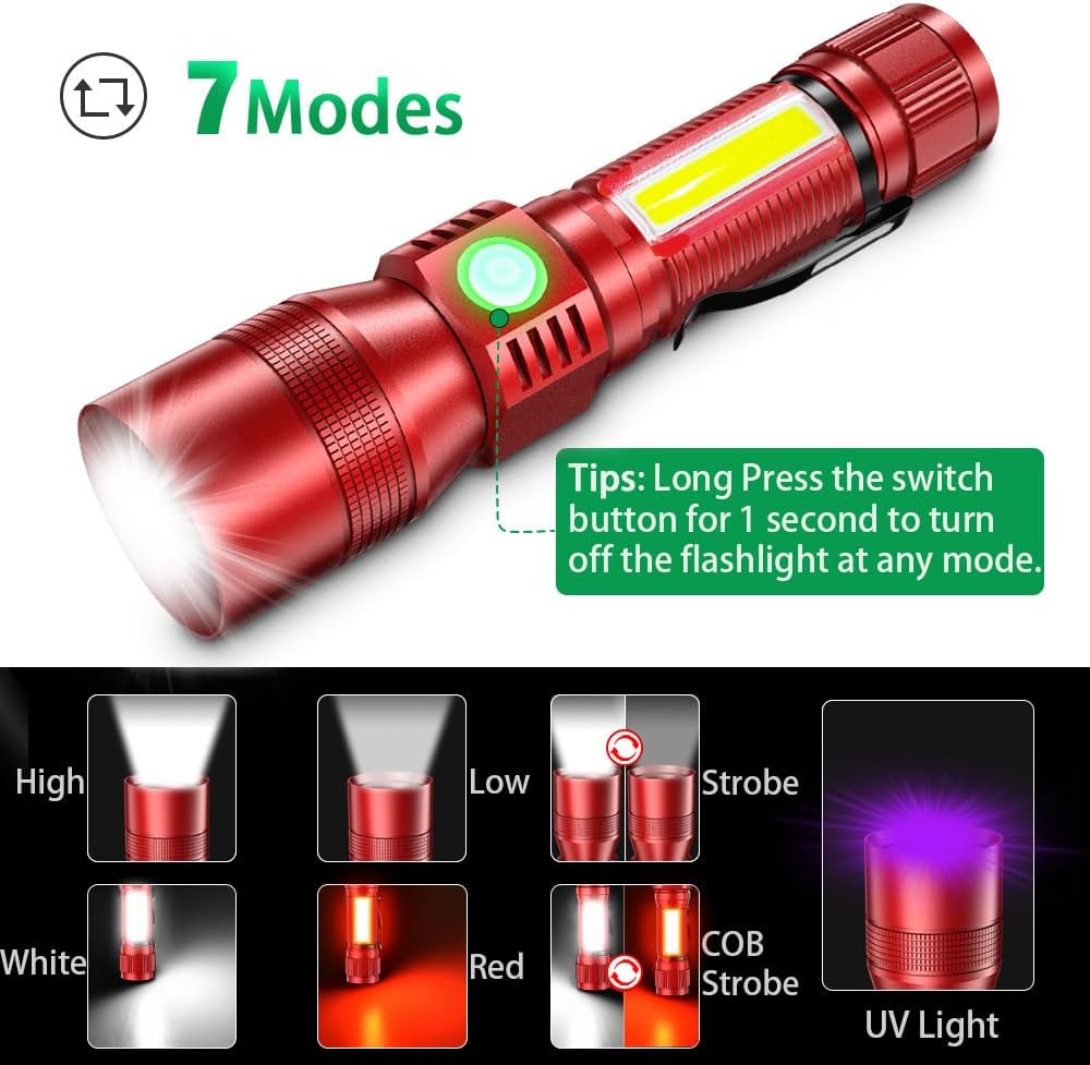 Linterna UV 3en1 con base magnética COB 7 modos 2uds rojo
