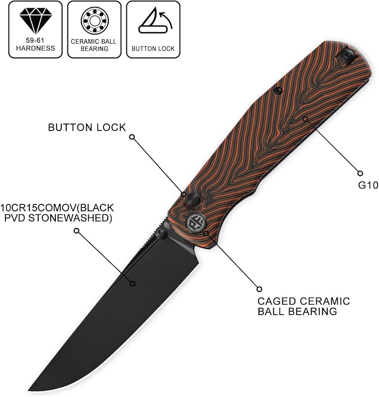 Cuchillo plegable EDC 3.9pulg acero negro G10 naranja