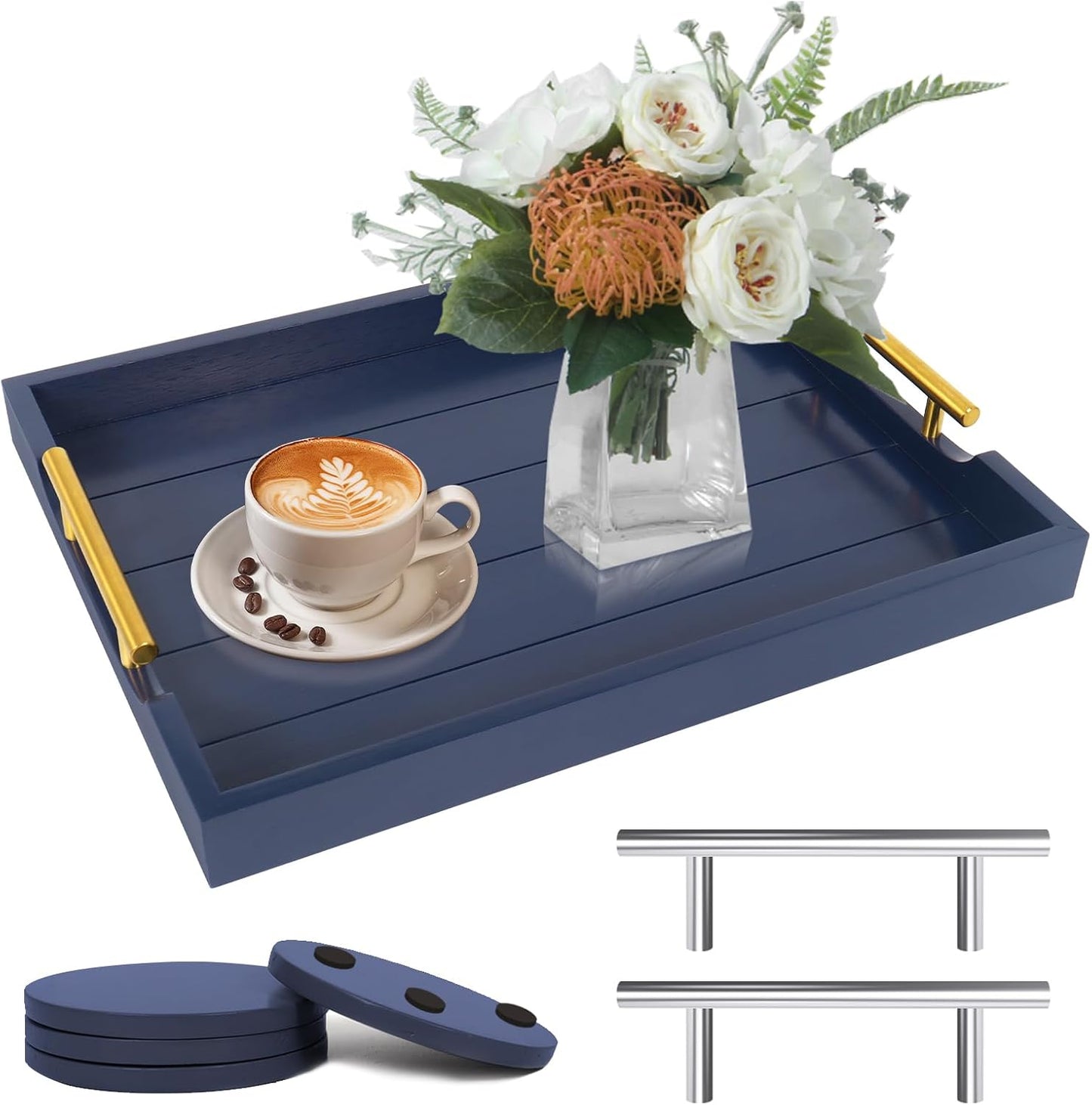 Bandeja mesa auxiliar madera 2 asas 4 posavasos azul oscuro