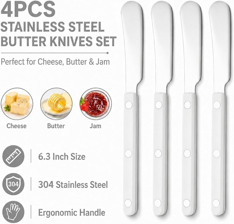 Set 4 Cuchillos Mantequilla Acero Inox 6.3pulg Ergonómico Blanco
