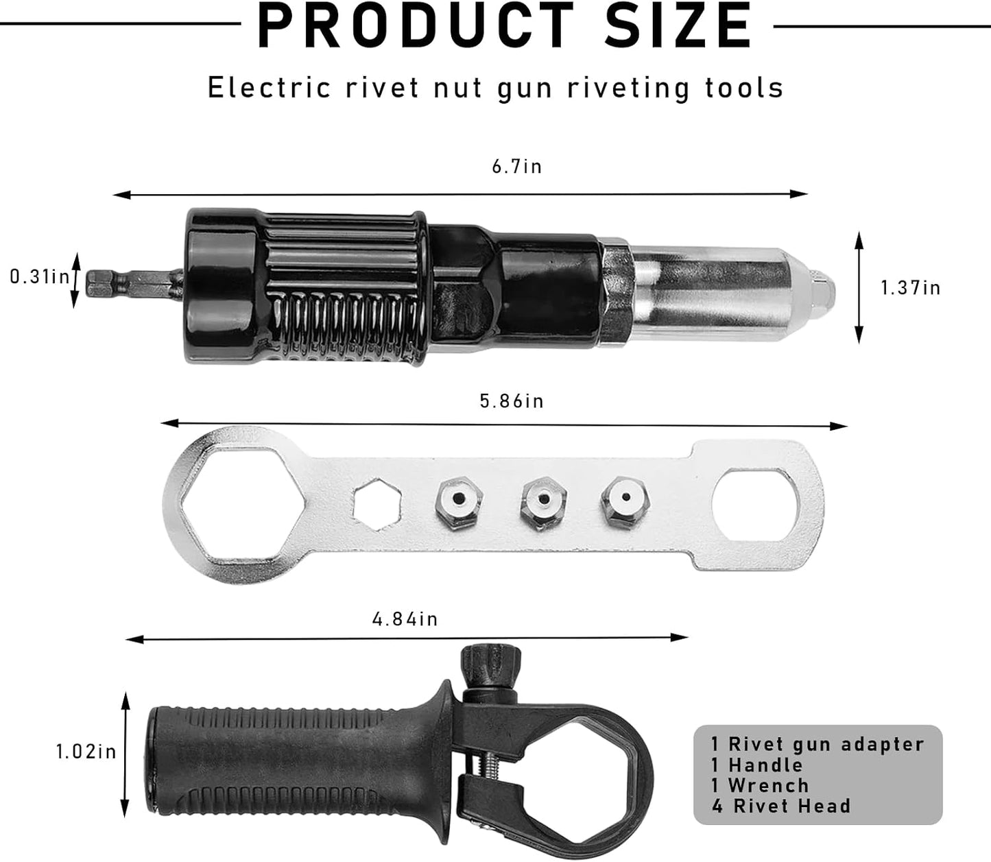 Pistola remache eléctrica con mango antiderrap y 4 cabezales