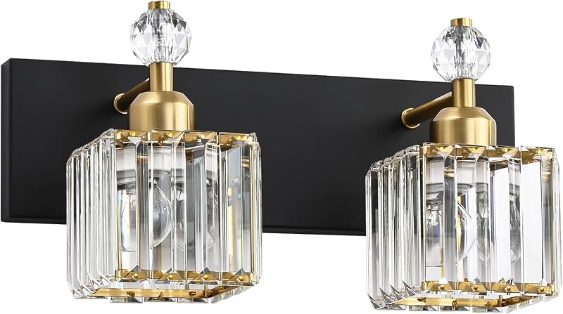 Lámpara baño 2 luces cristal negra y dorada moderna