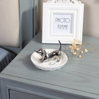 Soporte anillos forma perro cerámica plateada regalo mamá