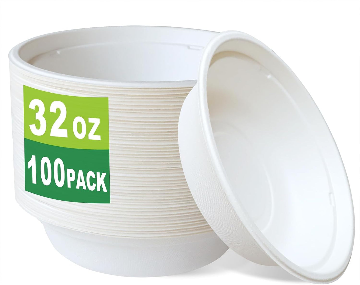 100 Cuencos Compostables 32oz de Bagazo y Bambú