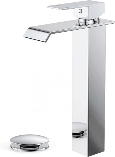Grifo baño alto cascada 1 agujero cromado con drenaje