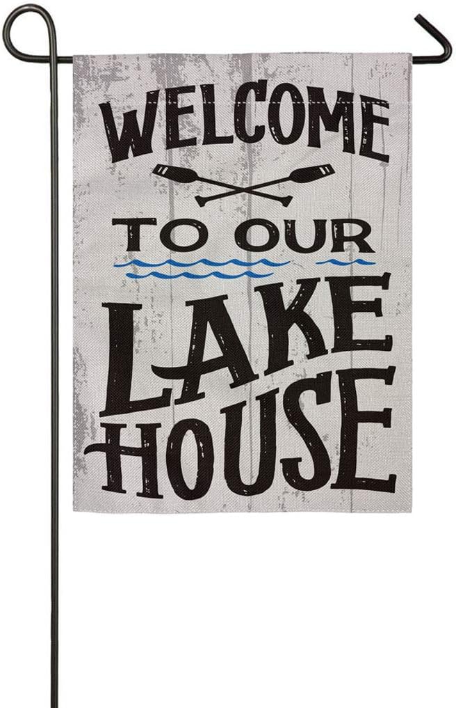 Bandera arpillera doble cara 12.5x18pulg welcome lake house