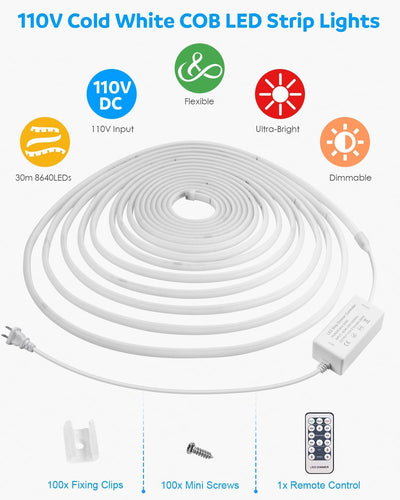 Tira LED COB impermeable 100ft 120V luz súper blanca